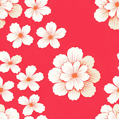 Flowers seamless pattern. Abstract floral blossom design illustration. Trendy colorful summer white flowers on red background. Modern floral tile pattern for fashion textile fabric, cloth, home decor