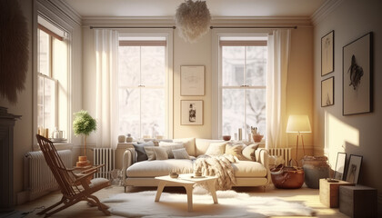 A cozy and inviting cream-colored living room with Flokati furniture and warm glowing window light