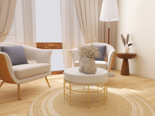 Living room design, 3D Render, 3D Illustration