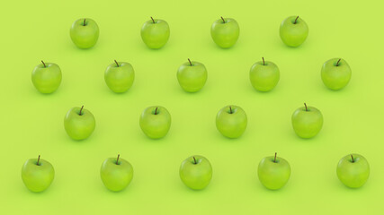 Set of green apples arranged in grid pattern on green background  