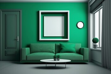 illustration, modern living room in green color, ai generative
