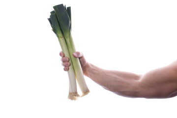 Strong fit man holding leeks in right hand transparent PNG