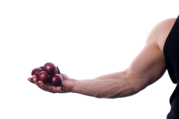 Strong fit man holding red onions in right hand transparent PNG