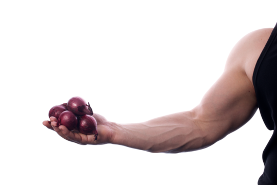 Strong fit man holding red onions in right hand transparent PNG
