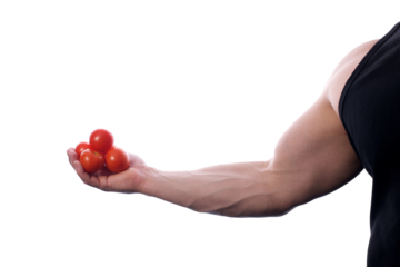 Strong fit muscular male holding tomatoes in his hand transparent PNG