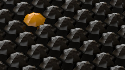 Yellow umbrella among dark ones. be different, standing out from crowd, individuality and difference concept - 3d illustration, 3d rendering