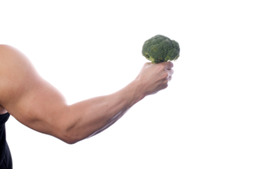 Strong, fit, muscular man holding broccoli in his right hand, with his back to the camera. He is flexing his muscles. Copy space around. Transparent PNG
