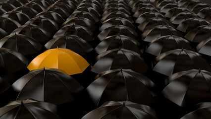 Yellow umbrella among dark ones. be different, standing out from crowd, individuality and difference concept - 3d illustration, 3d rendering