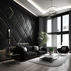 Home interior, luxury modern dark living room interior, black blank wall mock up, 3d render - generative ai