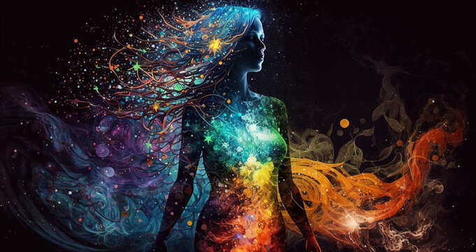 Astral journey, female body filled with energy and light, astral projection, out-of-body experience, other dimensions, other planes of existence. Generative Ai