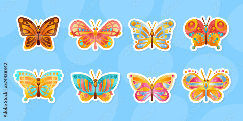 Poster Set of bright butterflies. Cute colorful winged insects stickers, childish print vector illustration