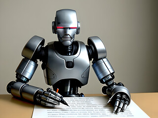 An artificial intelligence robot writing a story on a paper, generative ai