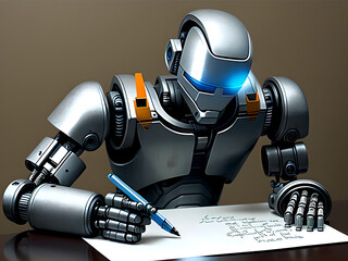 A robot writing an essay on a piece of paper, generative ai
