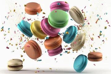 Keuken spatwand met foto different colored macaroons on a white background. food levitation. Generative Ai © inna717