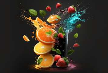 Blender with fruit flying, isolated on black background, fruit juice and splash. Generataive AI