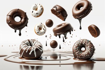 Lots of chocolate falling donuts on a white background. donut levitation. Generative Ai