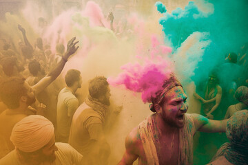 Colorful scene from the Holi Festival in India, with participants drenched in vibrant pigments of Holi powders during the festival of colors in India. Holi colour festival. Generative AI.