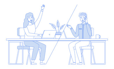 Teamwork concept with business people solving tasks together, sitting at table with laptop in office. Collaboration employees talking discussing plan working with computer, line art style concept