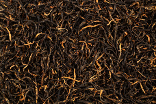 Close up Chinese black leaf tea. Dried tea leaves, top view. Macro