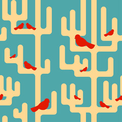 Trees and birds pattern seamless. Baby fabric texture