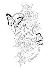 clock,  butterfly, flowers, tattoo design 