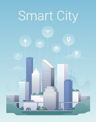 Clean modern illustration of a smart city. Innovative technologies for saving the planet. City landscape with infographic elements