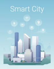  Clean modern illustration of a smart city. Innovative technologies for saving the planet. City landscape with infographic elements © Anastasiia Neibauer