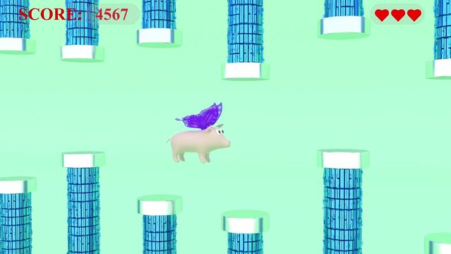 Flappy pig character butterfly wings 3d 2d game 