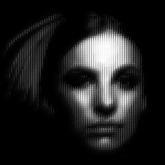 Abstract woman portrait illustration in halftone black and white television screen pixels pattern. Glitched and corrupted female face in halftone and old CRT TVs and VHS pixel style