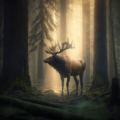 A Large Deer With Large Antlers Standing in a Forest Generative AI