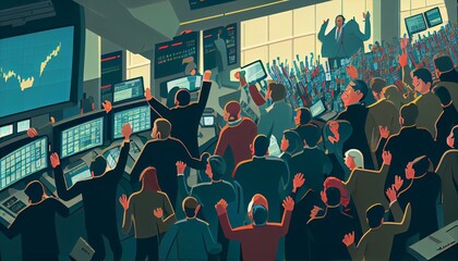 An overhead illustration of a bustling stock trading floor with traders shouting and waving their hands AI Generated