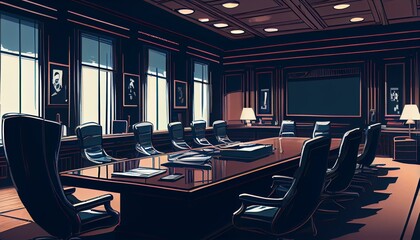 A detailed illustration of a corporate boardroom with a long conference table and executive chairs AI Generated