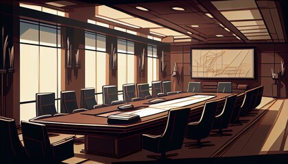 A detailed illustration of a corporate boardroom with a long conference table and executive chairs AI Generated