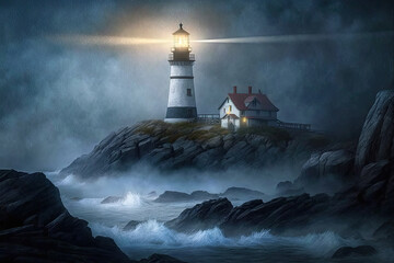 Lighthouse with house on a misty night with fog on the beach with rocks Generative AI