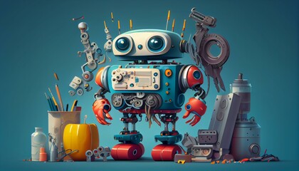 An illustration of a robot with various tools and gadgets, representing its versatility AI Generated