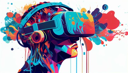 An illustration of a virtual reality headset with a person wearing it, immersed in a colorful, digital world AI Generated