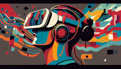 An illustration of a virtual reality headset with a person wearing it, immersed in a colorful, digital world AI Generated