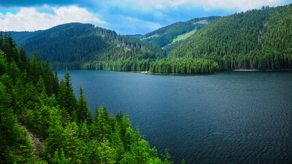 Viewpoint above Vidra lake. The blue waters of the lake flow through coniferous forests that grow on the Lotru Mountain Peaks. Cloudy day, Carpathia, Romania. 