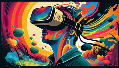 Obraz na płótnie Canvas An illustration of a virtual reality headset with a person wearing it, immersed in a colorful, digital world AI Generated
