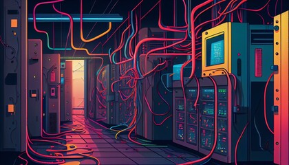 A detailed illustration of a server room with racks of blinking machines and colorful cables AI Generated