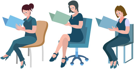 Set of three isolated female character sitting on chair at office meeting holding paper folder, woman reading textbook icon vector illustration design. Students at a lecture, conference secretary