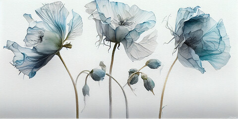 Watercolor Blue Poppies on Wide Design for Mugs. generative ai
