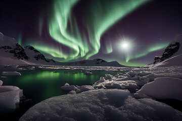 Fototapeta na wymiar Aurora borealis or Northern lights over mountains and iceberg glacier on the night sky.