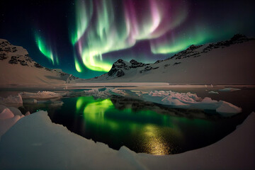 Aurora borealis or Northern lights over mountains and iceberg glacier on the night sky.