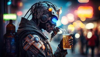 A futuristic cyborg drinking alcohol - generative ai