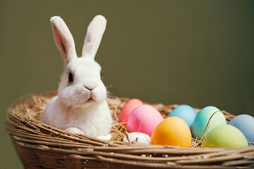Easter eggs cute bunny. Funny decoration , colorful eggs ,straw basket, , the symbol of Easter .Generative AI	