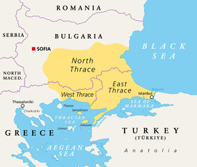 Obraz premium Thrace, geographical and historical region in Southeast Europe, political map. Modern boundaries of Thrace, split among Bulgaria, Greece and Turkey, bounded by Balkan Mountains, Aegean and Black Sea.