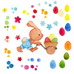 Watercolor Easter illustration with cute bunny and colorful eggs on pushcart. Hand drawn design elements set.