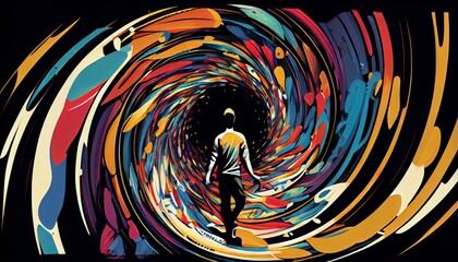 An abstract illustration of a person standing in the center of a colorful vortex, with different shapes and lines swirling around them. AI Generated - obrazy, fototapety, plakaty