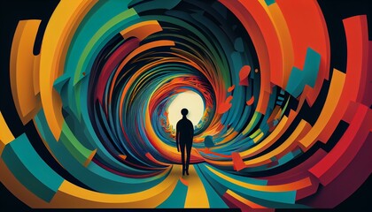 An abstract illustration of a person standing in the center of a colorful vortex, with different shapes and lines swirling around them. AI Generated